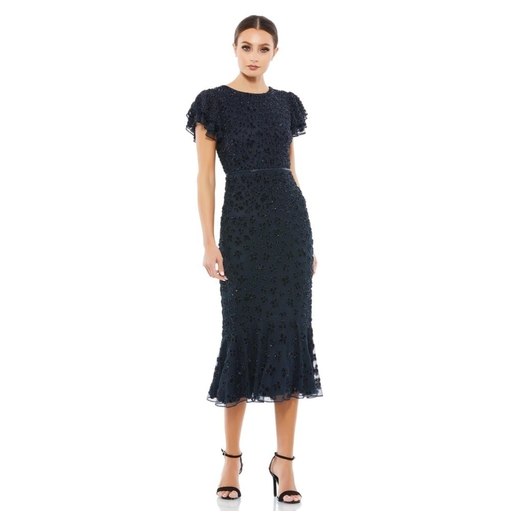 Mac Duggal 10771 NWT HAND BEADED FLOUNCE SLEEVE MIDI DRESS (Blue) - Picture 2 of 12